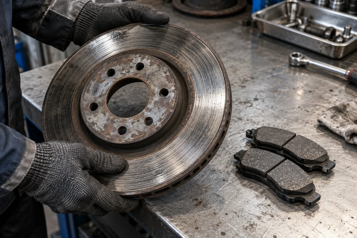 Mains gantées tenant un disque de frein usé au-dessus d’un établi métallique, plaquettes posées à côté