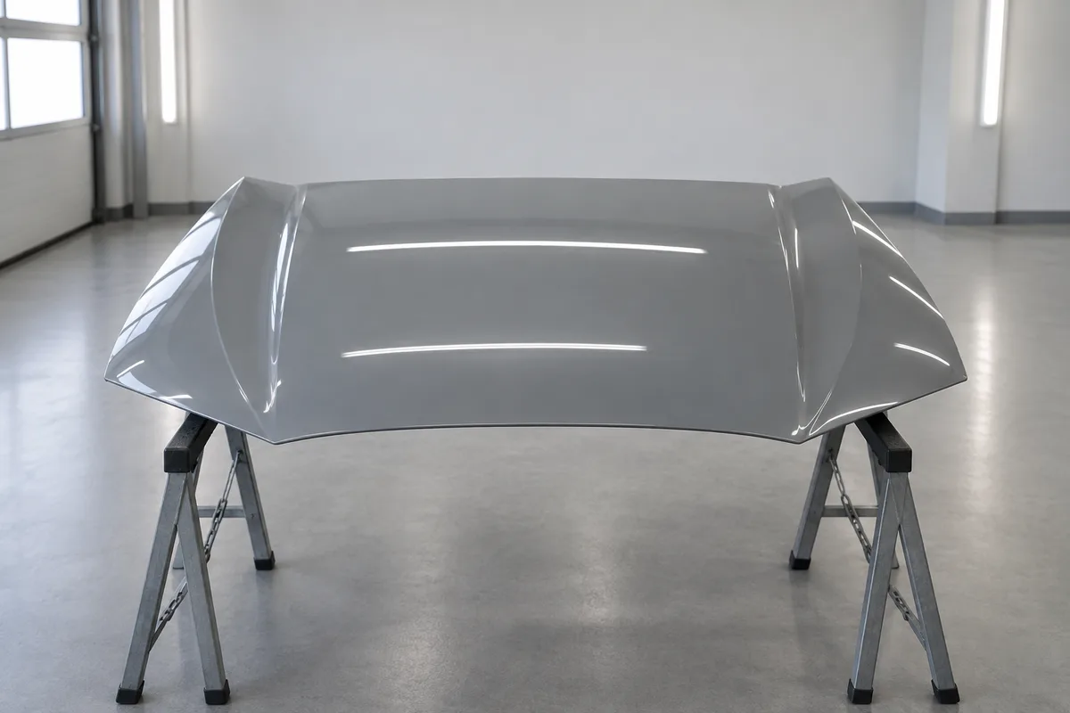 Capot de voiture gris uni posé sur des tréteaux dans un atelier, reflets réguliers sur la tôle