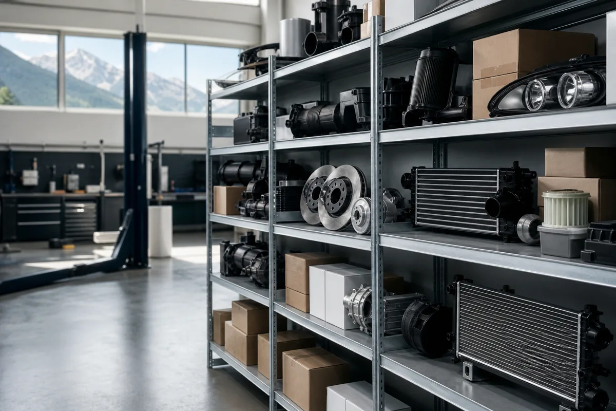 Rayonnages de pièces détachées neuves dans un magasin d’accessoires automobiles