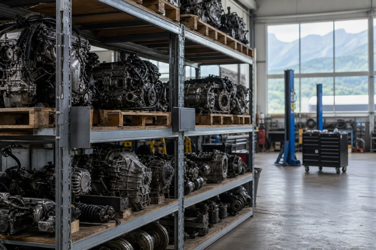Rayonnages de moteurs et pièces mécaniques d&rsquo;occasion étiquetés dans un entrepôt de recyclage