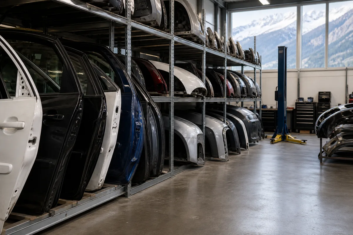 Portières et éléments de carrosserie d&rsquo;occasion alignés sur des racks de stockage