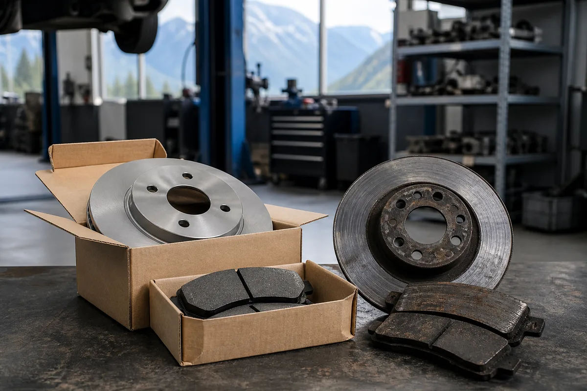 Plaquettes et disques de frein neufs en boîte à côté de pièces usagées à remplacer
