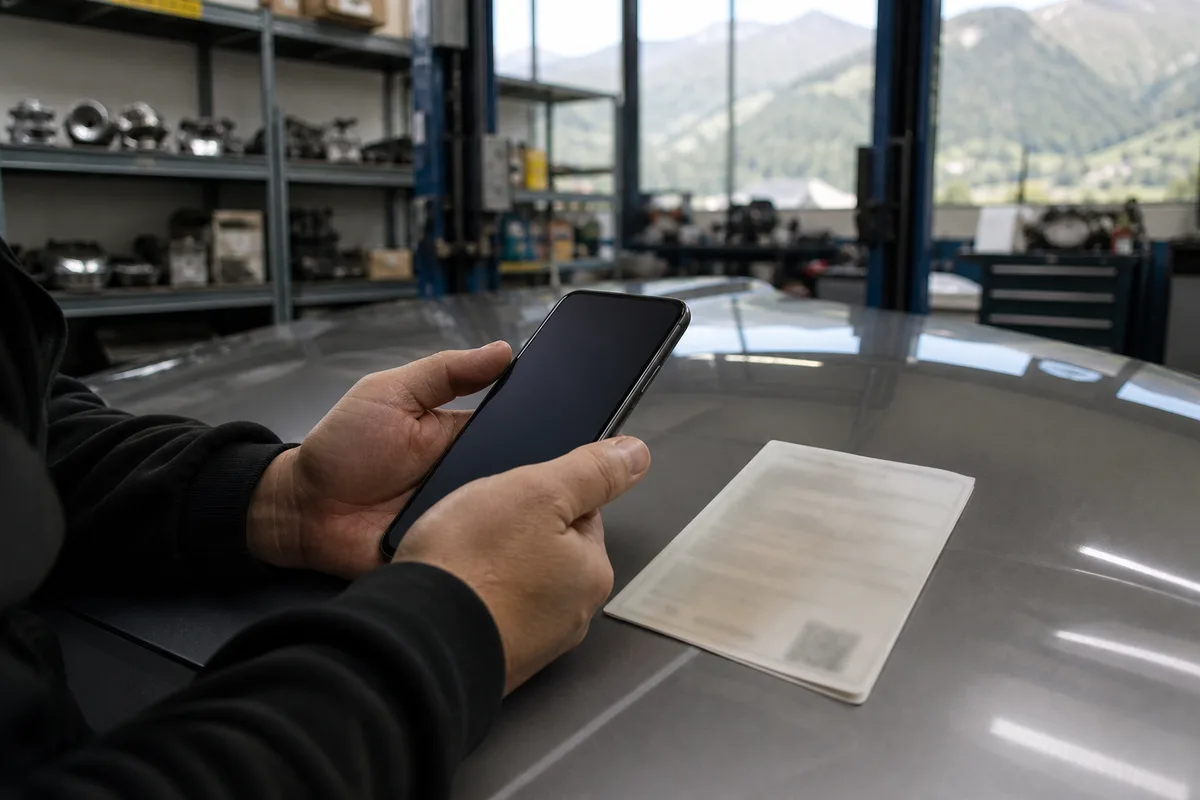 Recherche de référence de pièce sur téléphone avec carte grise posée sur le capot