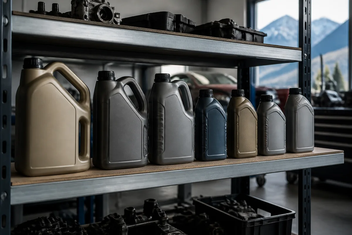 Bidons d’huile moteur de différentes viscosités alignés sur une étagère d’atelier