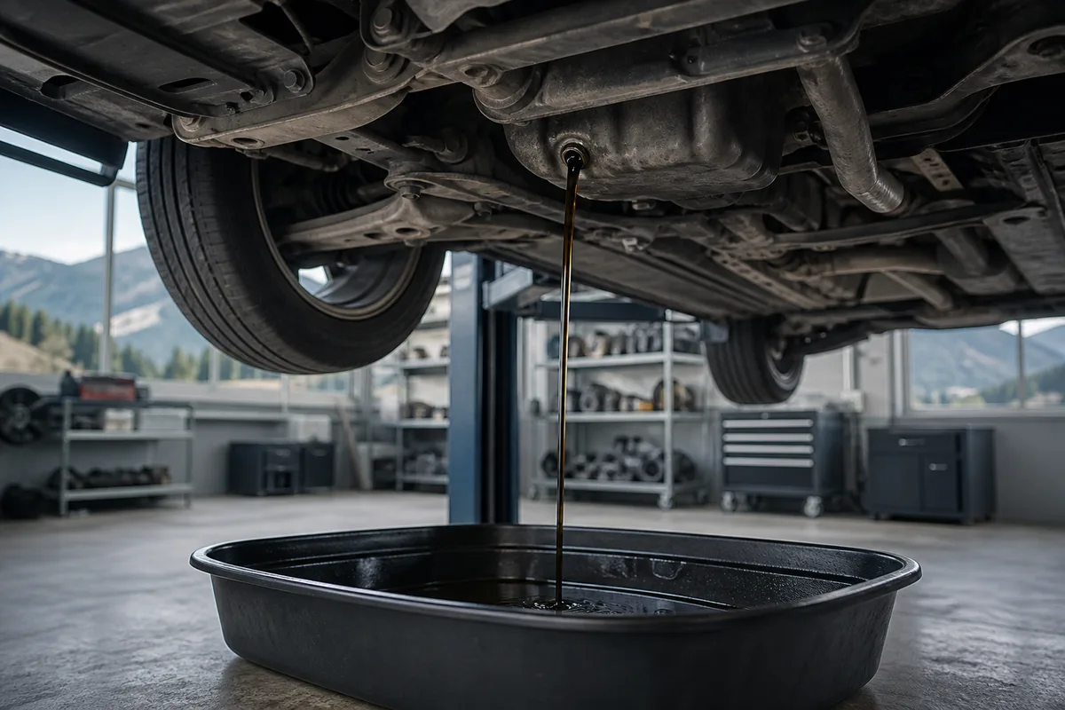Vidange en cours avec bac de récupération d’huile usagée sous le carter moteur